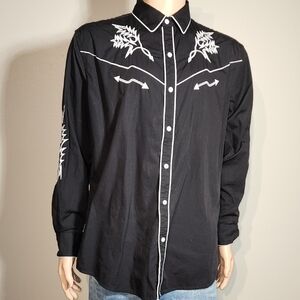 Men's Black Embroidered Button Down Shirt